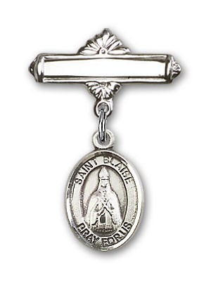 Pin Badge with St. Blaise Charm and Polished Engravable Badge Pin - Silver tone