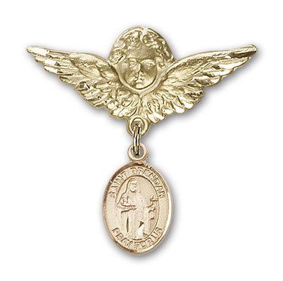 Pin Badge with St. Brendan the Navigator Charm and Angel with Larger Wings Badge Pin - 14K Solid Gold