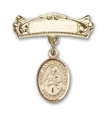 Pin Badge with St. Gabriel Possenti Charm and Arched Polished Engravable Badge Pin - Gold Tone