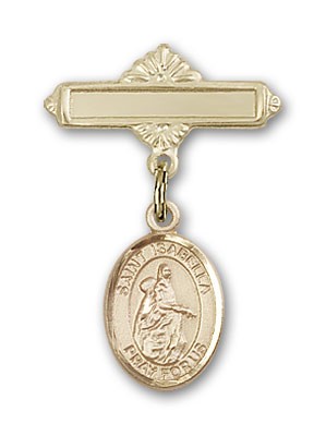 Pin Badge with St. Isabella of Portugal Charm and Polished Engravable Badge Pin - Gold Tone