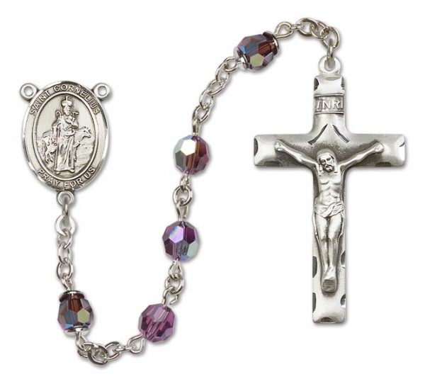 St. Cornelius Sterling Silver Heirloom Rosary Squared Crucifix - Amethyst