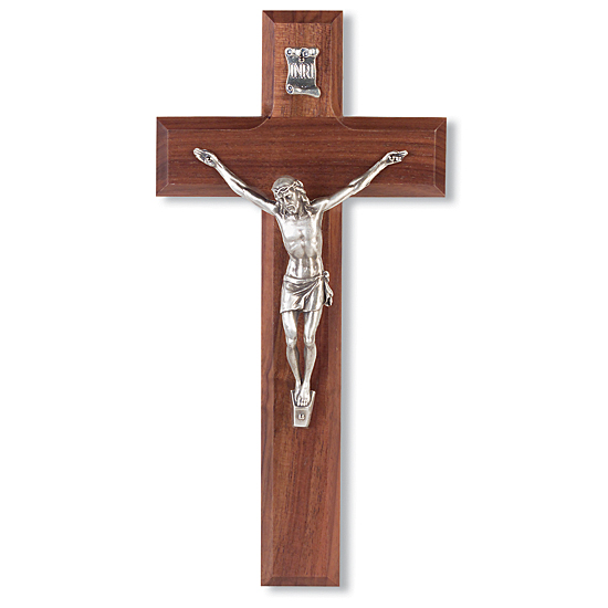 Wide Crossbar Walnut Wall Crucifix Silver-tone Corpus - 10 inch - Brown