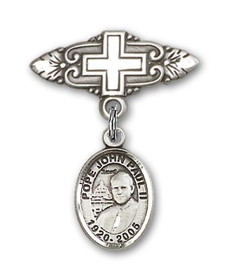 Pin Badge with Pope John Paul II Charm and Badge Pin with Cross - Silver tone