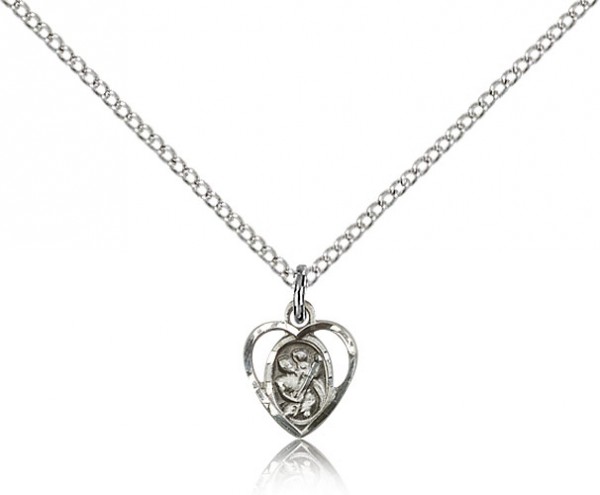 Very Small Open-Cut Heart Shaped St. Christopher Necklace - Sterling Silver