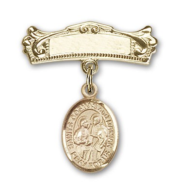 Pin Badge with Sts. Cosmas &amp; Damian Charm and Arched Polished Engravable Badge Pin - Gold Tone