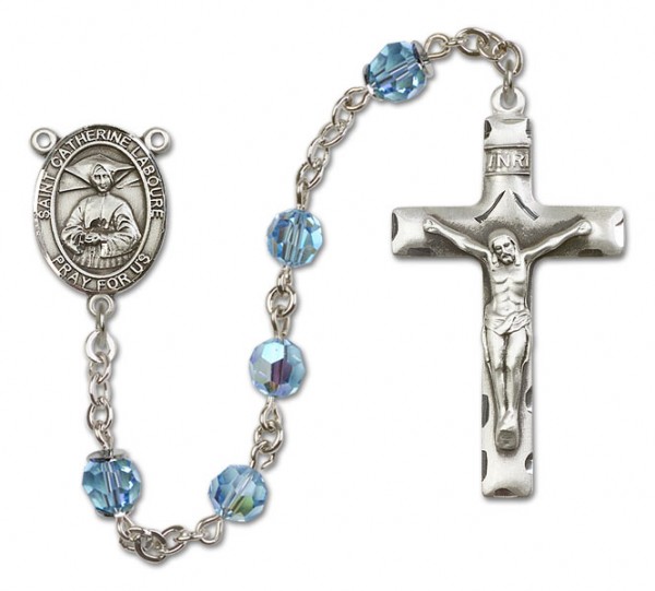 St. Catherine Laboure Sterling Silver Heirloom Rosary Squared Crucifix - Aqua