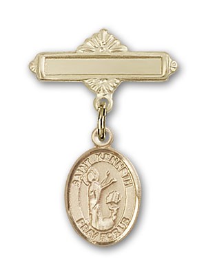 Pin Badge with St. Kenneth Charm and Polished Engravable Badge Pin - 14K Solid Gold