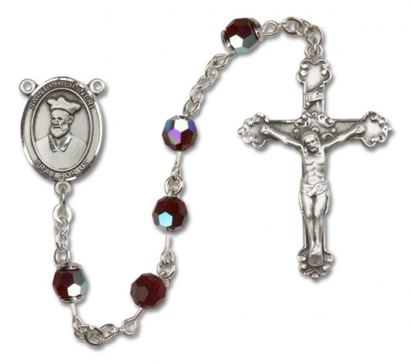 St. Philip Neri Sterling Silver Heirloom Rosary Fancy Crucifix - Garnet