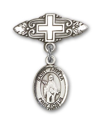 Pin Badge with St. Amelia Charm and Badge Pin with Cross - Silver tone
