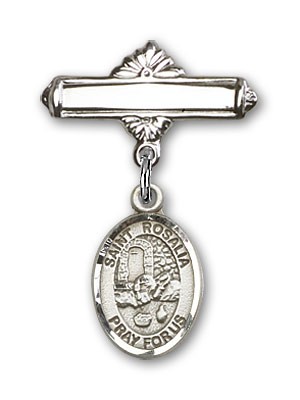 Pin Badge with St. Rosalia Charm and Polished Engravable Badge Pin - Silver tone