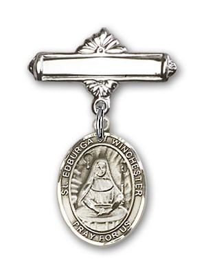 Pin Badge with St. Edburga of Winchester Charm and Polished Engravable Badge Pin - Silver tone