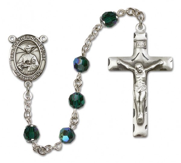 St. Catherine Laboure Sterling Silver Heirloom Rosary Squared Crucifix - Emerald Green