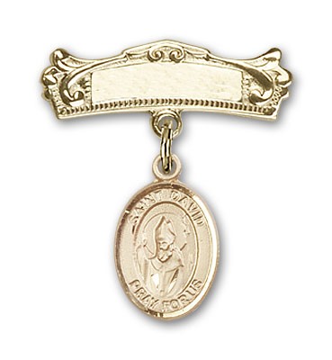 Pin Badge with St. David of Wales Charm and Arched Polished Engravable Badge Pin - 14K Solid Gold
