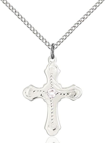 Youth Cross Pendant with Dotted Etching with Birthstone Options - Crystal