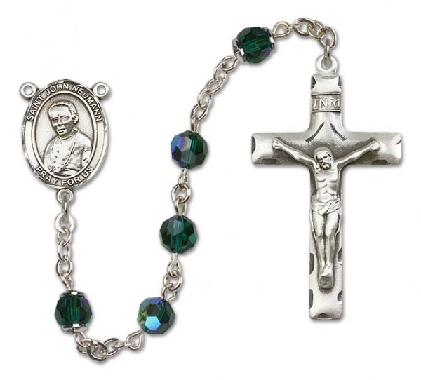 St.  John Neumann Sterling Silver Heirloom Rosary Squared Crucifix - Emerald Green