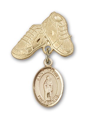 Pin Badge with St. Samuel Charm and Baby Boots Pin - 14K Solid Gold