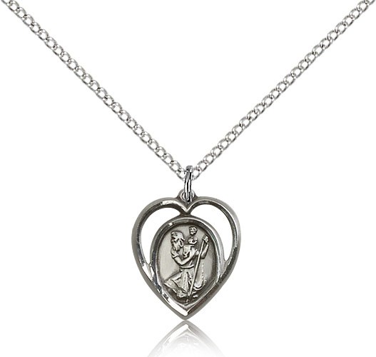 Open-Cut Heart Petite St. Christopher Necklace - Sterling Silver