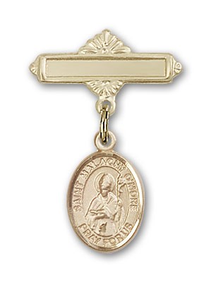 Pin Badge with St. Malachy O'More Charm and Polished Engravable Badge Pin - 14K Solid Gold