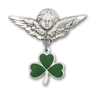 Pin Badge with Shamrock Charm and Angel with Larger Wings Badge Pin - Silver tone