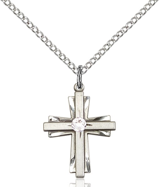 Youth Etched Cross Pendant with Birthstone Options - Crystal