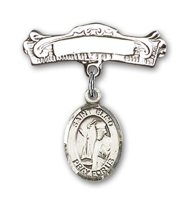Pin Badge with St. Elmo Charm and Arched Polished Engravable Badge Pin - Silver tone