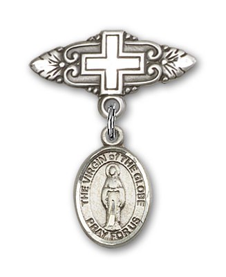 Pin Badge with Virgin of the Globe Charm and Badge Pin with Cross - Silver tone