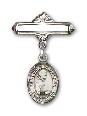 Pin Badge with St. Pio of Pietrelcina Charm and Polished Engravable Badge Pin - Silver tone