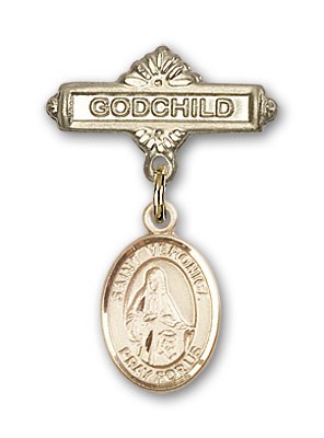 Pin Badge with St. Veronica Charm and Godchild Badge Pin - 14K Solid Gold