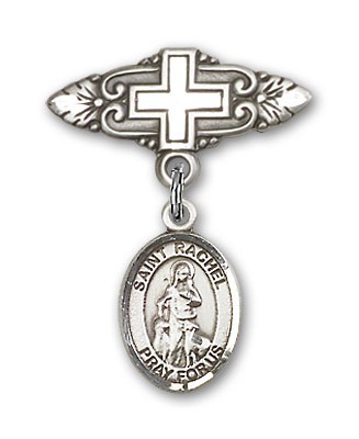 Pin Badge with St. Rachel Charm and Badge Pin with Cross - Silver tone