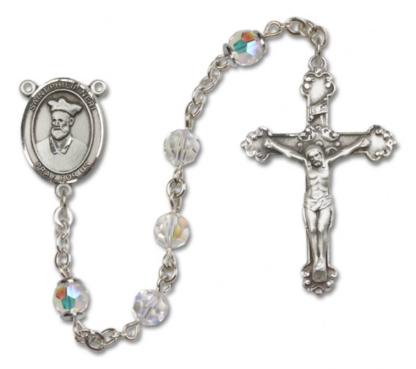 St. Philip Neri Sterling Silver Heirloom Rosary Fancy Crucifix - Crystal