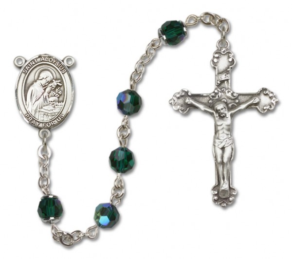 St. Aloysius Gonzaga Sterling Silver Heirloom Rosary Fancy Crucifix - Emerald Green