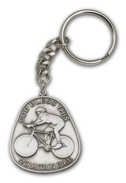 God Bless This Mountain Bike Keychain - Antique Silver