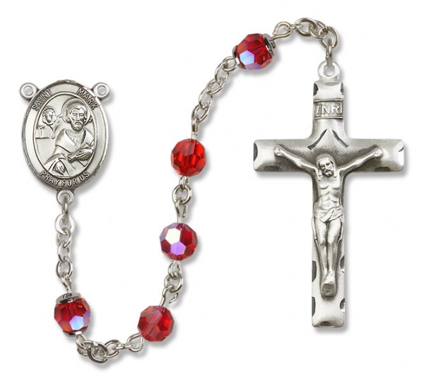St. Mark the Evangelist Sterling Silver Heirloom Rosary Squared Crucifix - Ruby Red