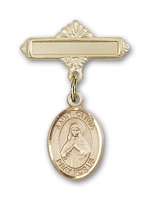 Pin Badge with St. Olivia Charm and Polished Engravable Badge Pin - Gold Tone