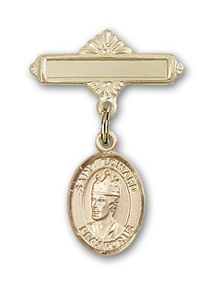 Pin Badge with St. Edward the Confessor Charm and Polished Engravable Badge Pin - 14K Solid Gold