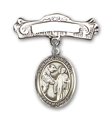 Pin Badge with St. Columbanus Charm and Arched Polished Engravable Badge Pin - Silver tone