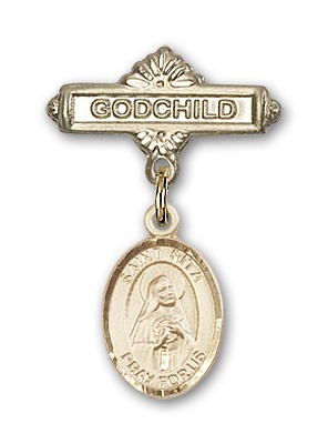 Pin Badge with St. Rita of Cascia Charm and Godchild Badge Pin - 14K Solid Gold