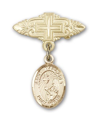 Pin Badge with St. Margaret Mary Alacoque Charm and Badge Pin with Cross - 14K Solid Gold