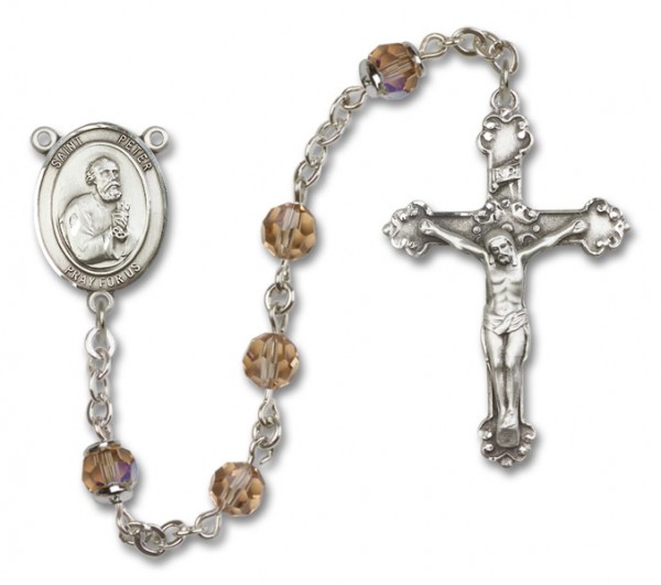 St. Peter the Apostle Sterling Silver Heirloom Rosary Fancy Crucifix - Topaz