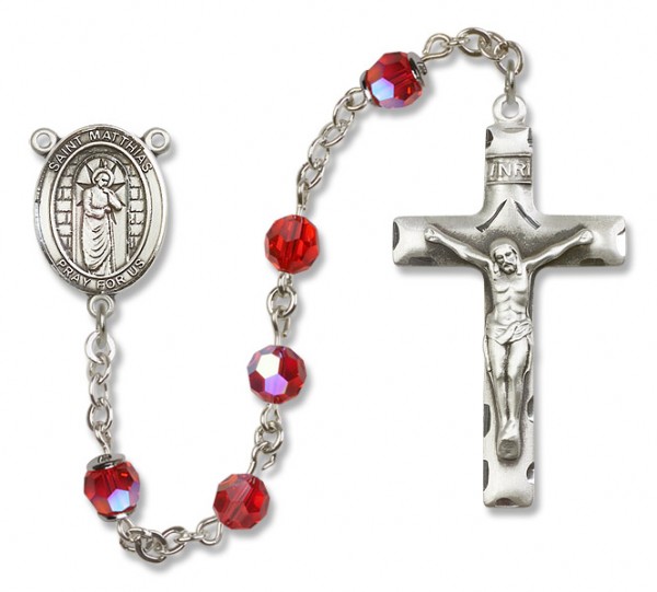 St. Matthias the Apostle Sterling Silver Heirloom Rosary Squared Crucifix - Ruby Red