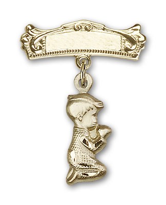 Baby Pin with Praying Boy Charm and Arched Polished Engravable Badge Pin - Gold Tone