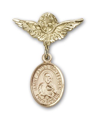 Pin Badge with St. James the Lesser Charm and Angel with Smaller Wings Badge Pin - 14K Solid Gold