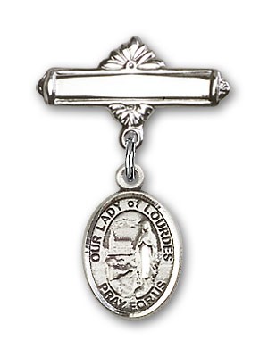 Pin Badge with Our Lady of Lourdes Charm and Polished Engravable Badge Pin - Silver tone
