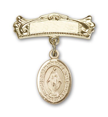 Pin Badge with Miraculous Charm and Arched Polished Engravable Badge Pin - 14K Solid Gold