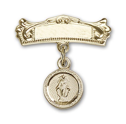 Baby Pin with Miraculous Charm and Arched Polished Engravable Badge Pin - 14K Solid Gold