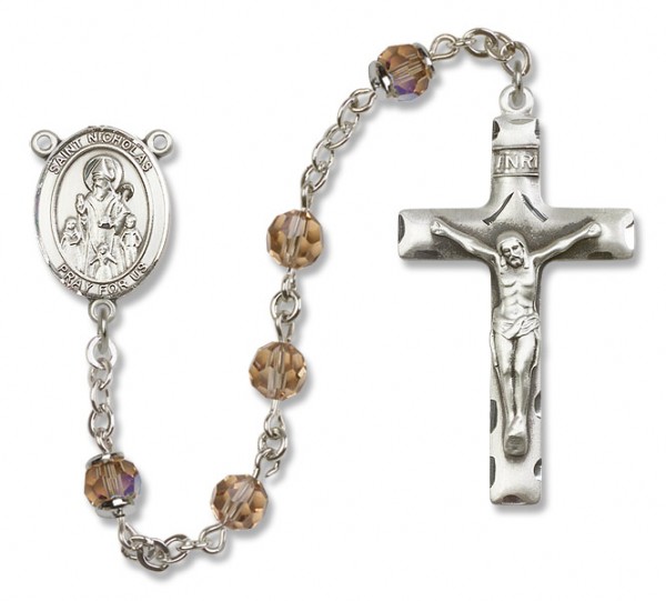 St. Nicholas Sterling Silver Heirloom Rosary Squared Crucifix - Topaz