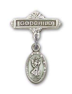 Pin Badge with St. Christopher Charm and Godchild Badge Pin - Sterling Silver | Blue Enamel