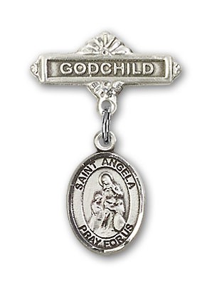 Pin Badge with St. Angela Merici Charm and Godchild Badge Pin - Silver tone