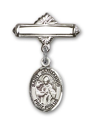 Pin Badge with St. Januarius Charm and Polished Engravable Badge Pin - Silver tone