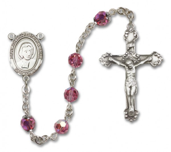 St. John Baptist de la Salle Sterling Silver Heirloom Rosary Fancy Crucifix - Rose